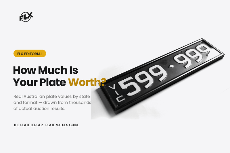 Black number plate mockup reading 599 999, cover for a plate value guide