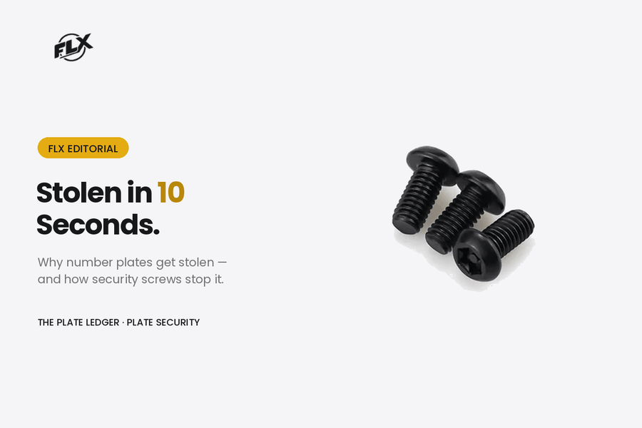 Three standard black number plate screws, cover graphic for a plate-theft guide